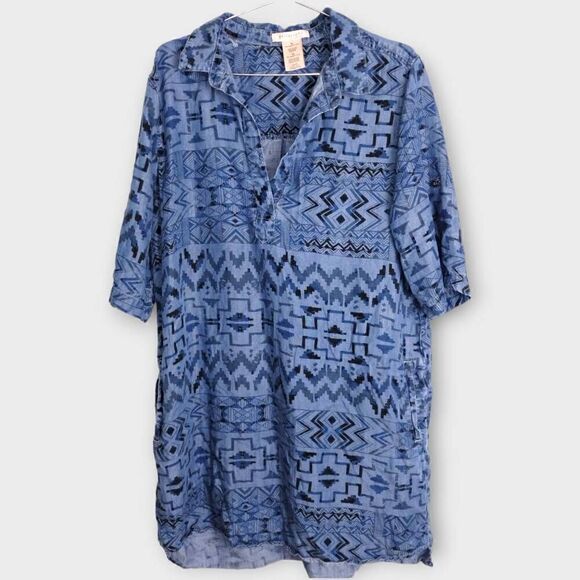 Philosophy Womens Dress Tunic Sz XL‎ Blue Aztec Chambray Western Boho Streetwear - Picture 1 of 12